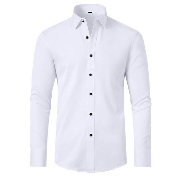 Iugvhana Mens Business Dress Shirts Casual Solid Color Regular-Fit Long Sleeve Lapel Button Down Shirt Slim Formal Shirt White L