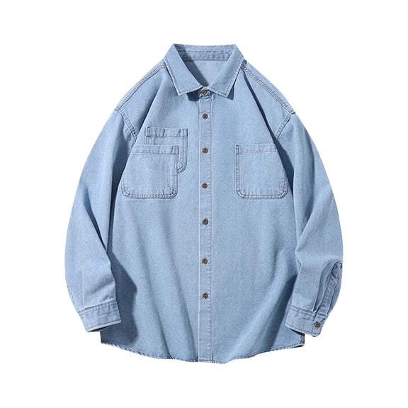 Iugvhana Mens Button Up Jean Shirts Casual Loose Fit Long Sleeve Turndown Collar Shirt Blouse Tops with Pockets Light Blue M