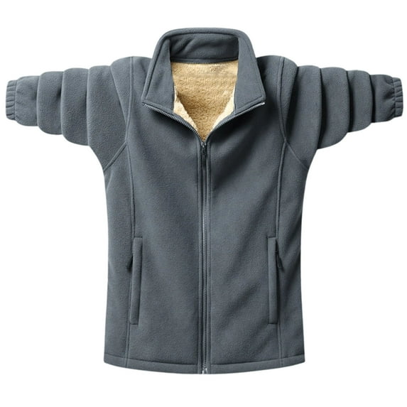 Iugvhana Mens Casual Fleece Jacket Thickened Warm Full Zip Stand Collar Winter Thermal Outdoor Jacket Outwear with Zipper Pocket Dark Gray XXXXXL