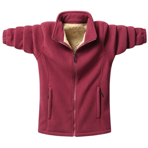 Iugvhana Mens Casual Fleece Jacket Thickened Warm Full Zip Stand Collar Winter Thermal Outdoor Jacket Outwear with Zipper Pocket Red XXXL