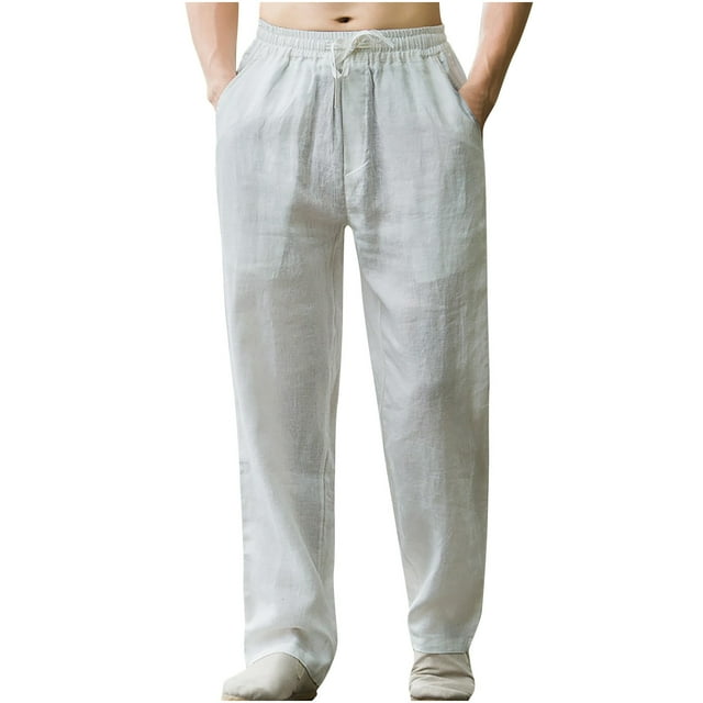 Iugvhana Mens Casual Long Pants Regular-Fit Solid Color Elastic Waist Drawstring Relaxed Fit Lounge Pants with Pocket Straight Leg Leisure Trouser White L