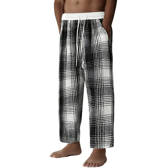Iugvhana Mens Casual Plaid Pants Pajama Pants Loose Fit Soft Long Pants Pjs Bottoms for Men with Pockets Black M