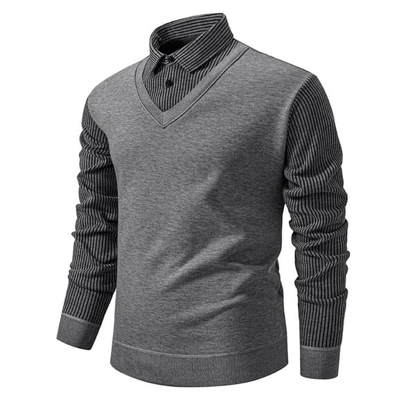 Iugvhana Mens Casual Slim Fit Pullover Sweaters Knitted Tops Lightweight Long-sleeve Basic Designed Fake Two Sweater Dark Gray M
