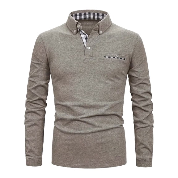 Iugvhana Mens Classic Button Up Pullover Polo Shirts Casual Lapel Tees Tops Blouse Long Sleeve Slim Fit Plaid Shirt Khaki XL