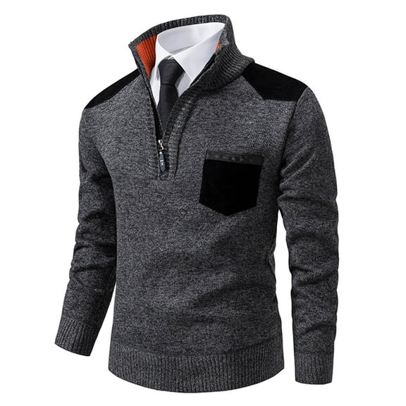 Iugvhana Mens Classic Fit Quarter Zipper Knitted Sweater Casual Splicing Slim Long Sleevee Stand Collar Sweaters Pullovers Dark Gray XXL