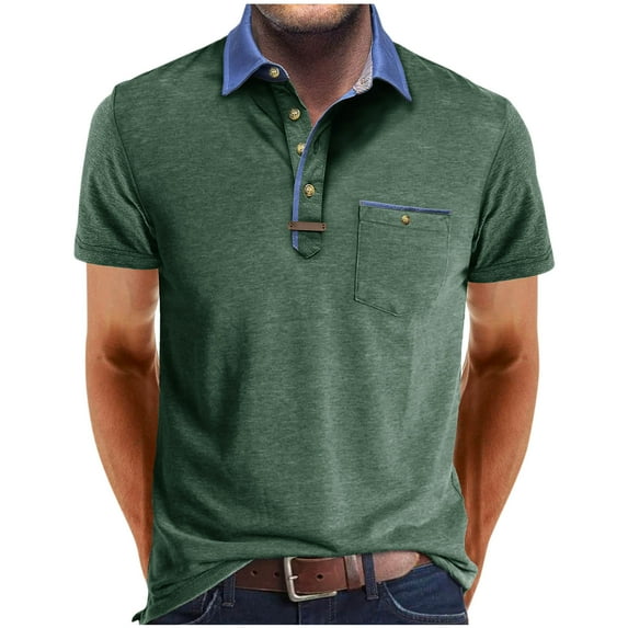 Iugvhana Mens Classic-Fit Splice Polo Shirts Short Sleeve with Pocket Buttons Collared Tee Shirt Top Pullovers Green XXL