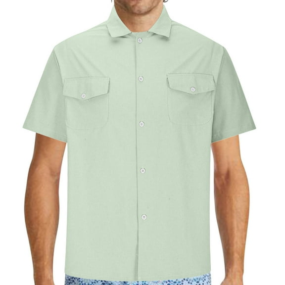 Iugvhana Mens Classic Short Sleeve Button Down Shirts with Double Pocket Regular-Fit Solid Color Lapel Tops Shirt Green XXL