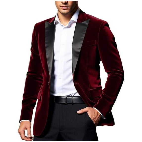Iugvhana Mens Corduroy Blazer One Button Slim Fit Lapel Suit Jacket Prom Wedding Dinner Party Sports Coats for Men Red XL