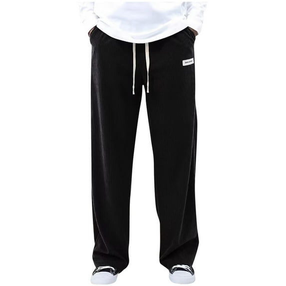 Iugvhana Mens Corduroy Sweatpants Loose Fit Elastic Waist Wide Leg Athletic Pants Drawstring Casual Straight Sweatpants with Pockets Black XL