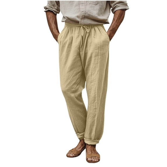 Iugvhana Mens Cotton Linen Lounge Pants Casual Loose Fit Elastic Waist Pockets Beach Pants Pure Color Comfortable Breathable Trousers Khaki S