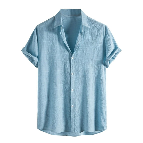 Iugvhana Mens Cotton Shirts Casual Solid Color Regular Fit Shirts Short Sleeve Button Down Dress Shirt Lapel Lightweight Tops Light Blue XL
