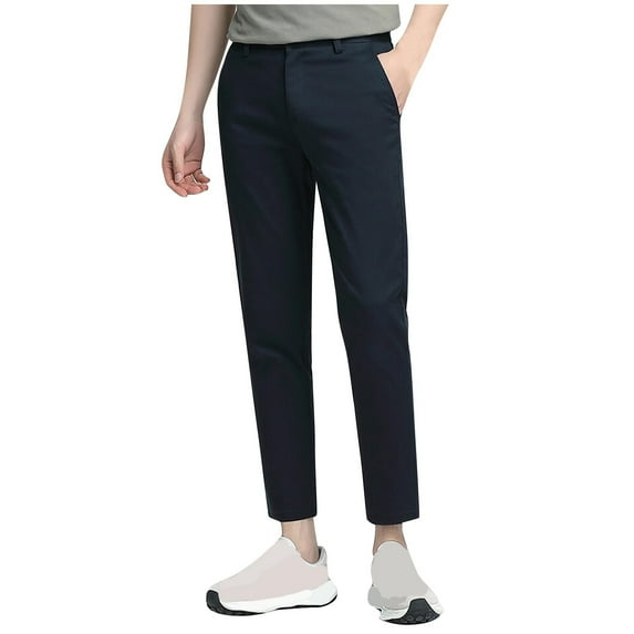 Iugvhana Mens Cotton Solid Color Straight Leg Dress Pants Slim Fit Stretch Casual Business Formal Trousers with Pockets Button Office Long Pants Dark Blue S