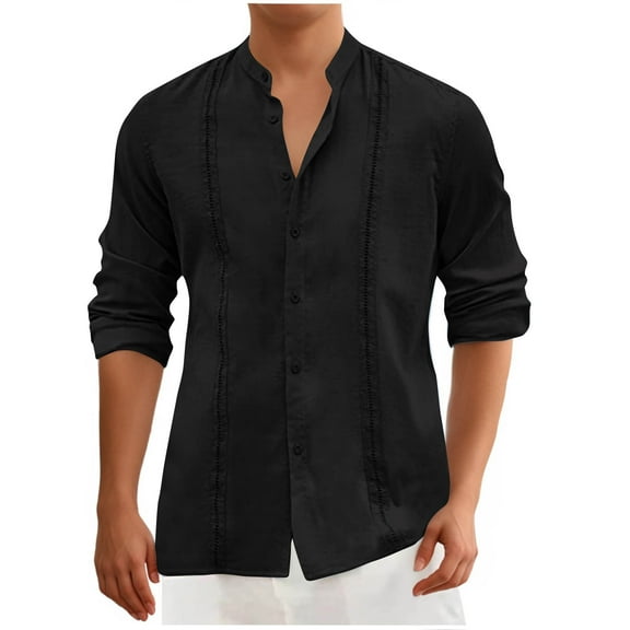 Iugvhana Mens Cuban Shirt Casual Button Down Shirts Long Sleeve Summer Beach Shirts Breathable Shirt Blouse Tops Black XXL