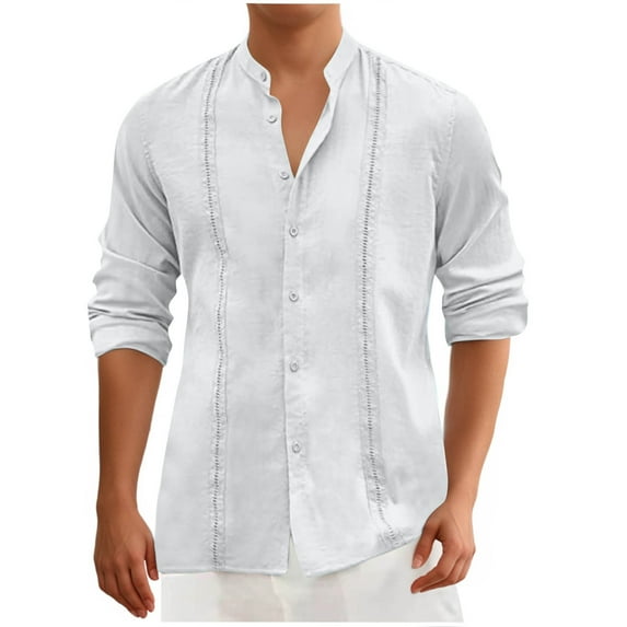 Iugvhana Mens Cuban Shirt Casual Button Down Shirts Long Sleeve Summer Beach Shirts Breathable Shirt Blouse Tops White XXL