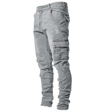 Iugvhana Mens Denim Pants Side Pockets Small Feet Slim Fit Jean Trousers Trendy Leisure Solid Color Multi-Pocket Outdoors Long Pants Jeans Gray XXL