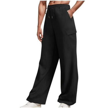Iugvhana Mens Drawstring Elastic Waist Cargo Pants Solid Loose Straight Casual Wide-Leg Trouser Summer Fall Lightweight Pant Trouser Black XL