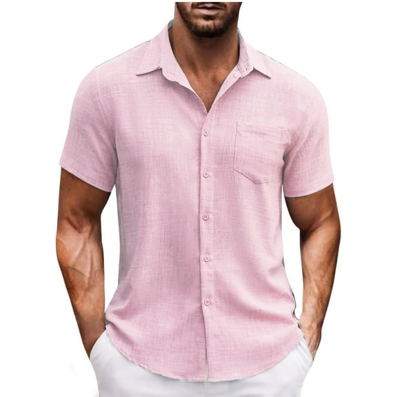 Iugvhana Mens Flax Shirts Casual Lightweight Breathable T-Shirts Button Down Short Sleeve Shirt Notch Lapel Tops with Pocket Pink XXL