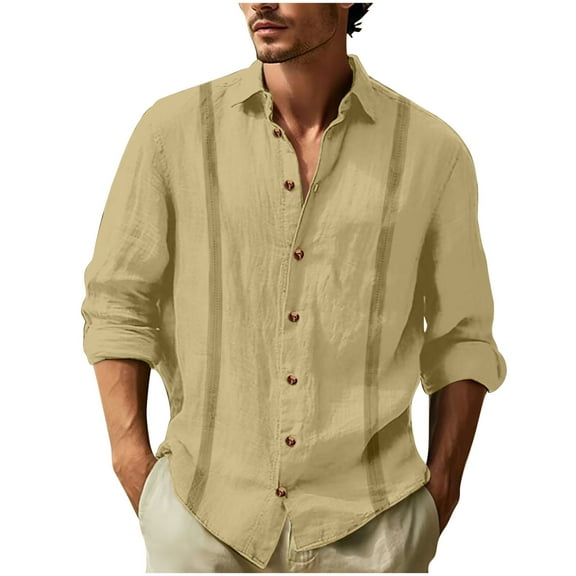 Iugvhana Mens Flax Shirts Long Sleeve Solid Color Regular Fit Button Down Turndown Collar Shirt Tops Loose Casual Daily Shirt Khaki XL