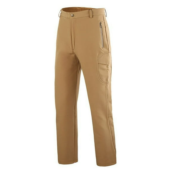 Iugvhana Mens Fleece Lined Cargo Pants Outdoor Hiking Windproof Warm Ski Snow Pants Multi Pockets Zipper Straight Fit Winter Padded Trousers Khaki L