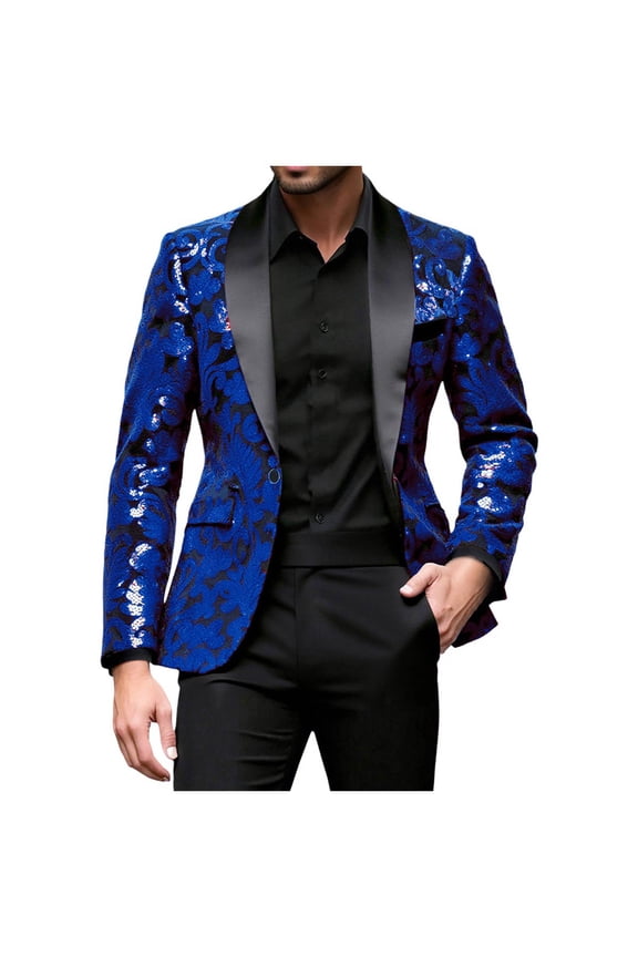 Mens Floral Tuxedo Jacket One Button Lapel Suit Blazer Jacket for Dinner Prom Wedding Blue L