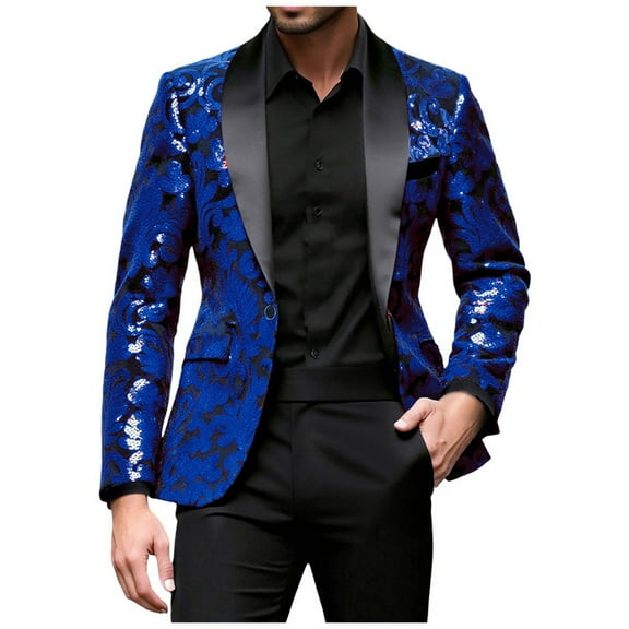Iugvhana Mens Floral Tuxedo Jacket One Button Lapel Suit Blazer Jacket for Dinner Prom Wedding Blue L