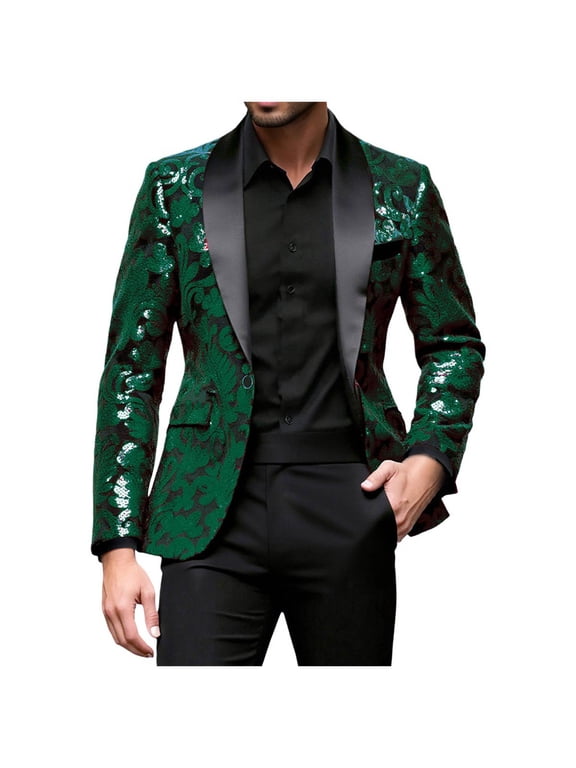 Mens Floral Tuxedo Jacket One Button Lapel Suit Blazer Jacket for Dinner Prom Wedding Green XXL