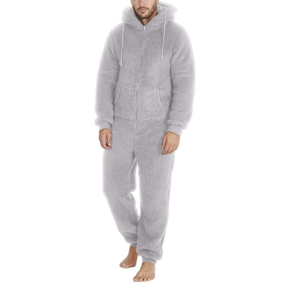 Iugvhana Mens Fuzzy Fleece Hooded Jumpsuits Long Sleeve Zip Up One Piece Plush Pajamas Onesies Big and Tall Overall Rompers Sleepwear Gray XL