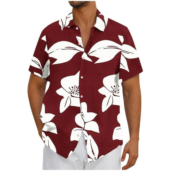 Iugvhana Mens Hawaiian Shirts Casual Beach Summer Shirt Floral Button Down Tropical Holiday Short Sleeve Shirts Red#2 M