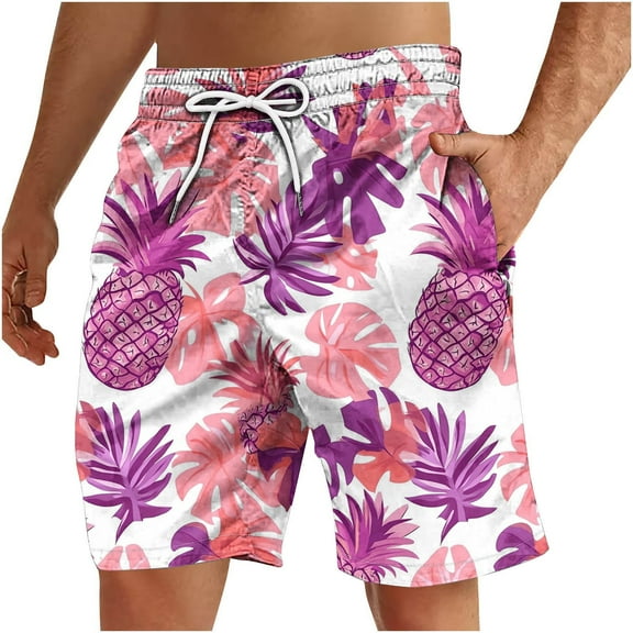 Iugvhana Mens Hawaiian Swim Trunks Summer Tropical Floral Board Shorts Beach Swimwear Bathing Suit with Pockets Pink S
