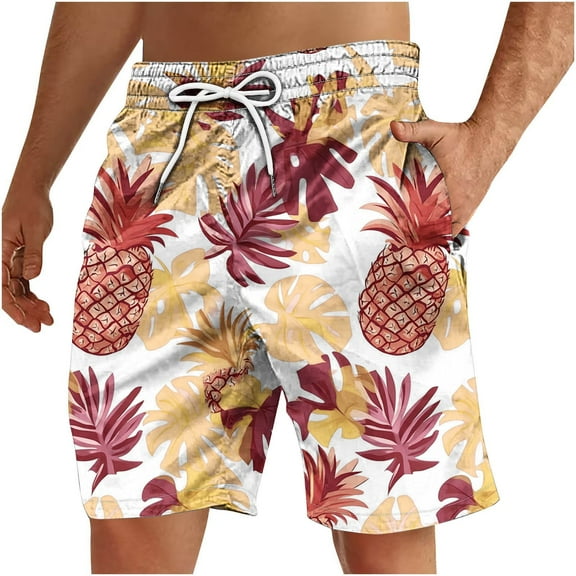 Iugvhana Mens Hawaiian Swim Trunks Summer Tropical Floral Board Shorts Beach Swimwear Bathing Suit with Pockets Yellow S