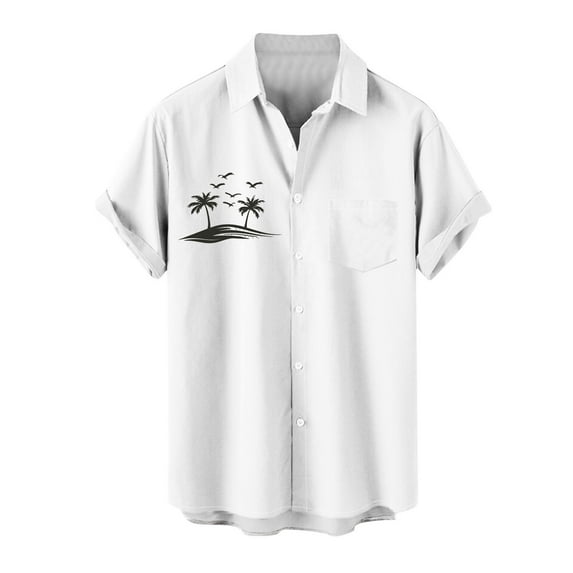 Iugvhana Mens Hawaiian Vintage Bowling Shirts Casual Short Sleeves Palm Tree Print Button Down Summer Beach Shirts White L