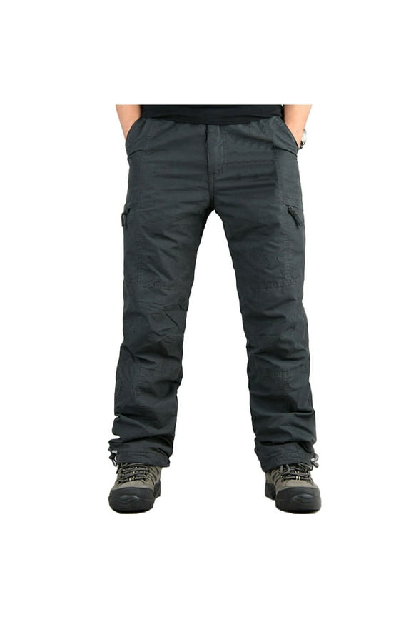 Mens Hiking Cargo Pants Outdoor Mountain Windproof Fleece Ski Snow Pants Multi Pockets Zipper Straight Fit Winter Warm Padded Trousers Gray L