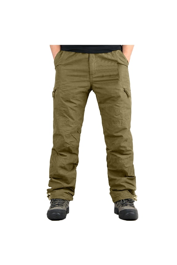 Mens Hiking Cargo Pants Outdoor Mountain Windproof Fleece Ski Snow Pants Multi Pockets Zipper Straight Fit Winter Warm Padded Trousers Yellow M