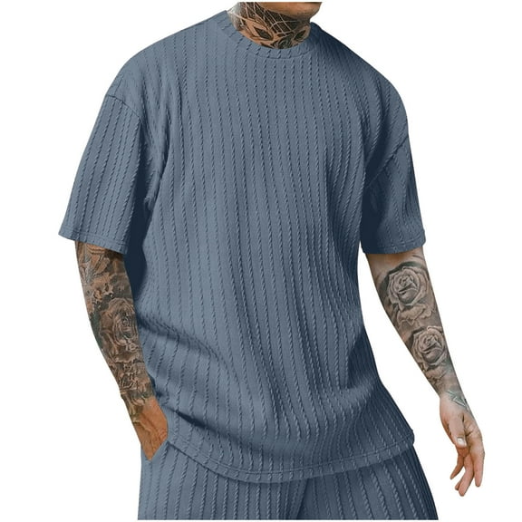 Iugvhana Mens Knitting Cotton T-Shirt Jacquard Solid Casual Summer Tees Tops Blouse Short Sleeve Crew Neck Basic T Shirts Blue XL