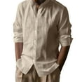 thumbnail image 1 of Iugvhana Mens Linen Shirts Cotton Casual Solid Color Regular Fit Button Down Shirt Long Sleeve Stand Up Collar Shirts Khaki XXL, 1 of 8