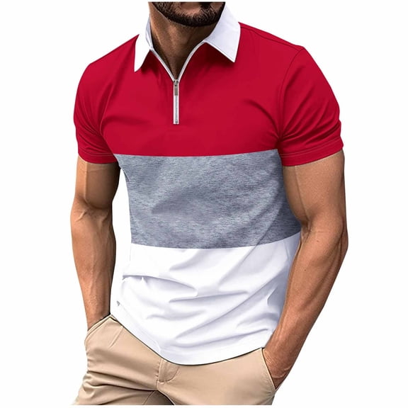 Iugvhana Mens Long Sleeve Golf Shirts Casual Color Blocking Lapel Zipper Up Pullover Shirt Top Slim Fit T-shirts Red S