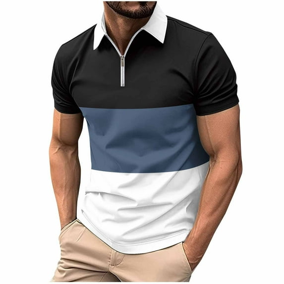 Iugvhana Mens Long Sleeve Golf Shirts Casual Color Blocking Lapel Zipper Up Pullover Shirt Top Slim Fit T-shirts Silver XXXL