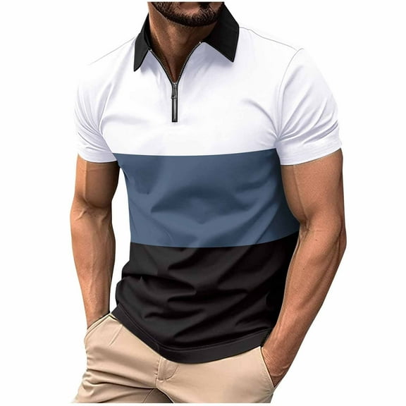 Iugvhana Mens Long Sleeve Golf Shirts Casual Color Blocking Lapel Zipper Up Pullover Shirt Top Slim Fit T-shirts White M