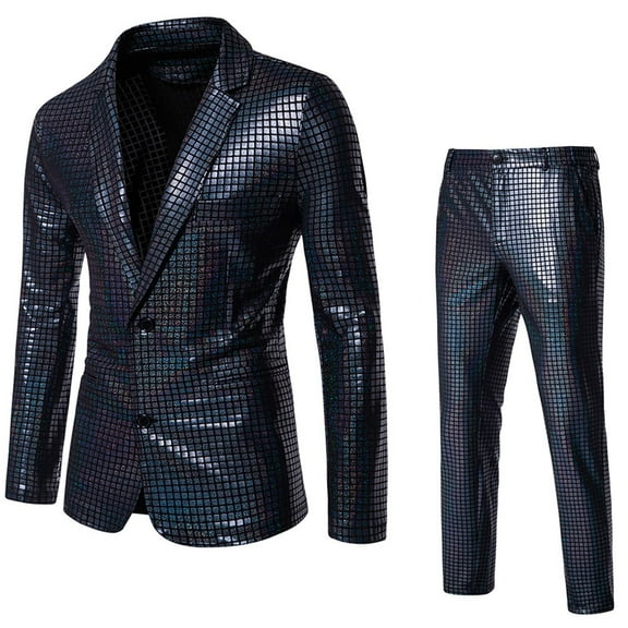 Iugvhana Mens Metallic Jacket Regular Fit Blazer Casual 70s Disco Party Set Suit Coat Shiny Nightclub Wedding Tuxedo Glitter Blazers Pants Black XXL