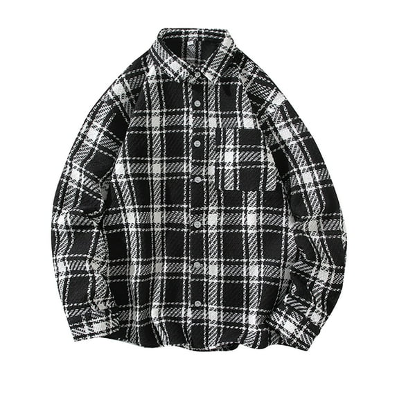 Iugvhana Mens Oversized Shirts Big and Tall Long Sleeve Button Down Lapel Cotton Plaid Shirt Tops Casual Loose Shirt Black XXXL