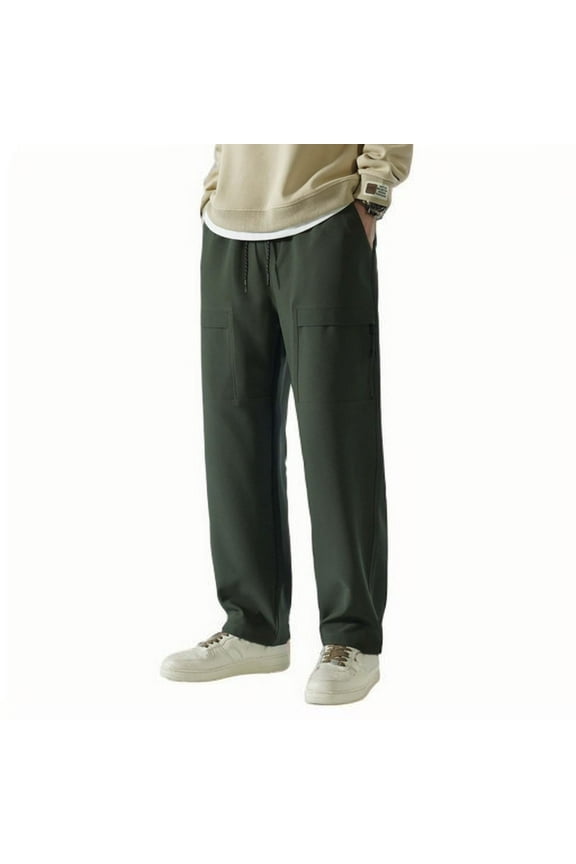 Mens Pants Casual Solid Lazy Style Fashionable Zip Pocket Pants Drawstring Elasticated Waist Leisure Daily Trouser Army Green XL