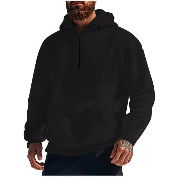 Iugvhana Mens Polar Fleece Hoodies Warm Thicken Winter Classic Solid Long Sleeve Half Zip Up Pullover Hooded Sweatshirts Black L