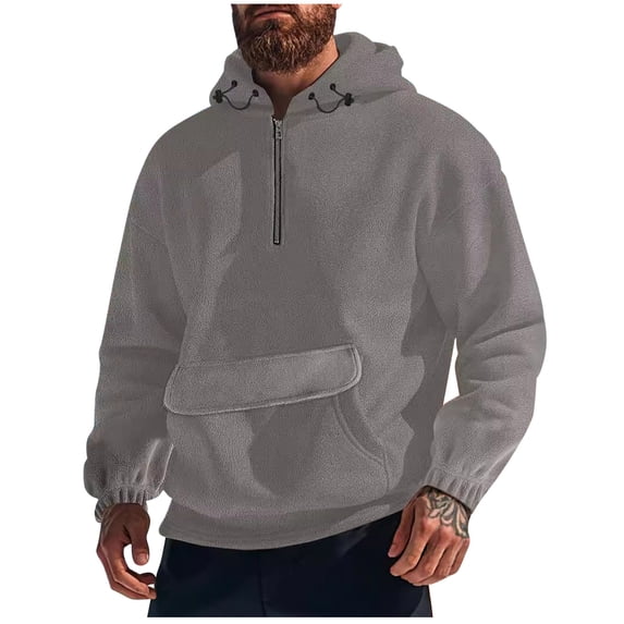 Iugvhana Mens Polar Fleece Hoodies Warm Thicken Winter Classic Solid Long Sleeve Half Zip Up Pullover Hooded Sweatshirts Gray S