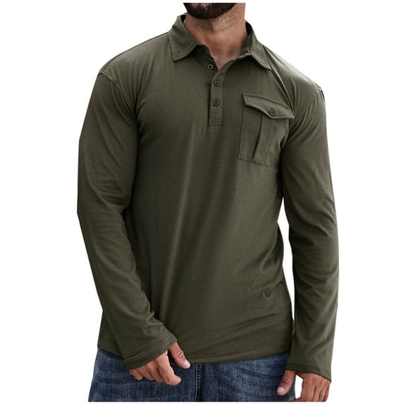 Iugvhana Mens Polo Shirts Long Sleeve with Pocket Button Casual Solid Regular Fit Basic Shirt Top Slim Fit Lapel Pullover T-Shirt Army Green XL