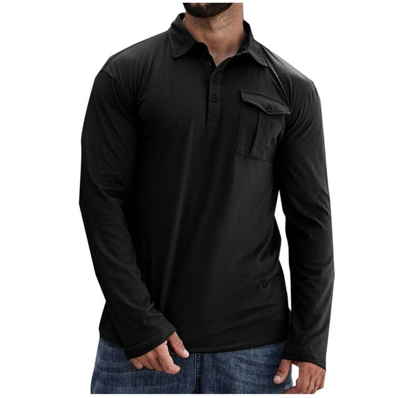 Iugvhana Mens Polo Shirts Long Sleeve with Pocket Button Casual Solid Regular Fit Basic Shirt Top Slim Fit Lapel Pullover T-Shirt Black S