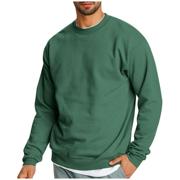 Iugvhana Mens Round Neck Sweatshirts Casual Solid Color Regular Fit Long Sleeve Pullover Fleece Sweatshirt Top Army Green L