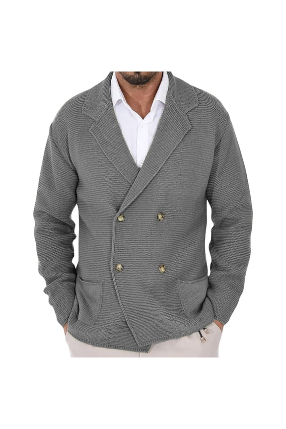 Mens Shawl Collar Cardigan Sweaters Double Breasted Knit Warm Sweater Button Down Cardigans with Pockets Gray L