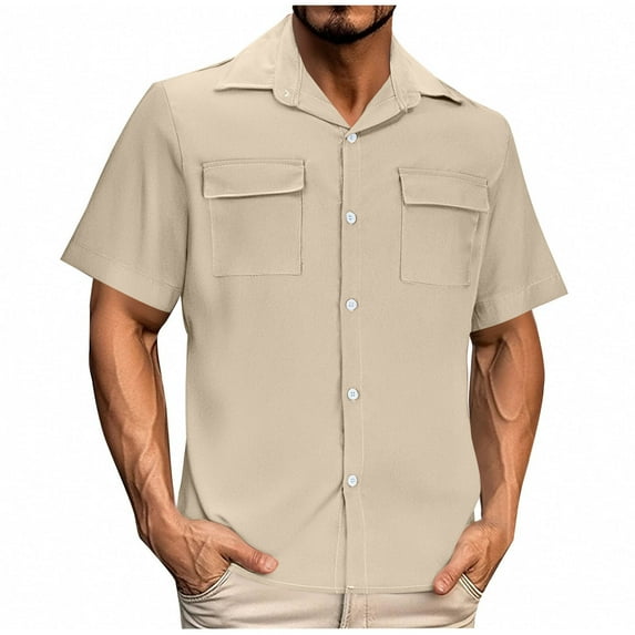 Iugvhana Mens Shirts Casual Solid Color Regular Fit T-Shirts Button Down Short Sleeve Shirt with Front Double Pocket Beige XXL