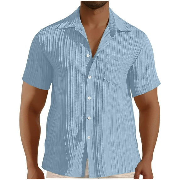 Iugvhana Mens Short Sleeve Shirts Button Up Hawaiian Textured Casual Solid Dress Shirt Turndown Collar with Pocket Blouse Tops Light Blue XL