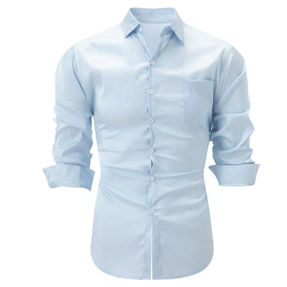 Iugvhana Mens Slim Fit Business Dress Shirts Casual Long Sleeve Lapel Solid Color Shirt Top Lightweight Button Blouses Sky Blue L